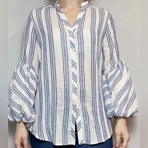 Etcetera Striped Puff Sleeve Blouse | Blue/White/Gold | Size 00